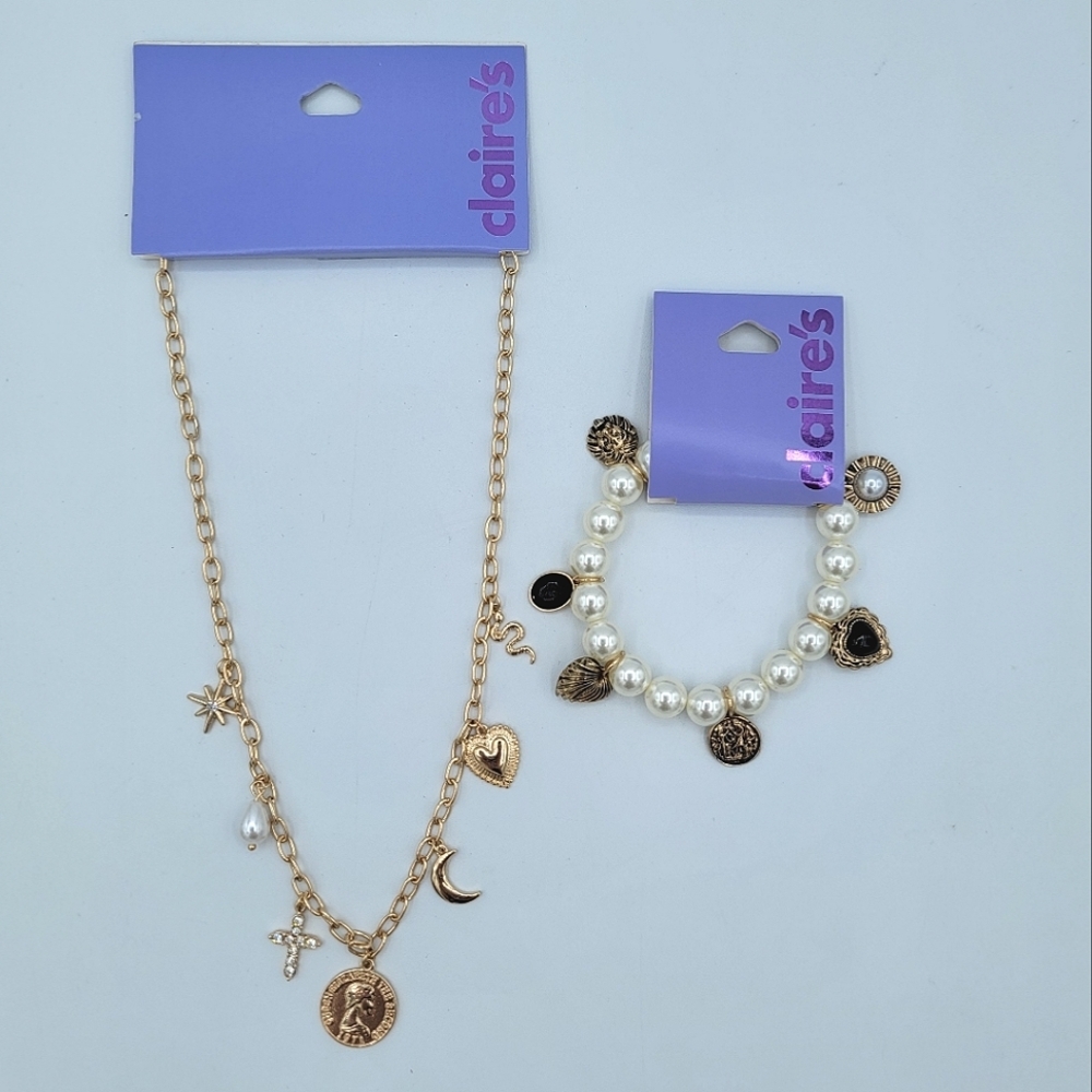 Claire's Gold Charm Necklace & Bracelet Set NEW #0004